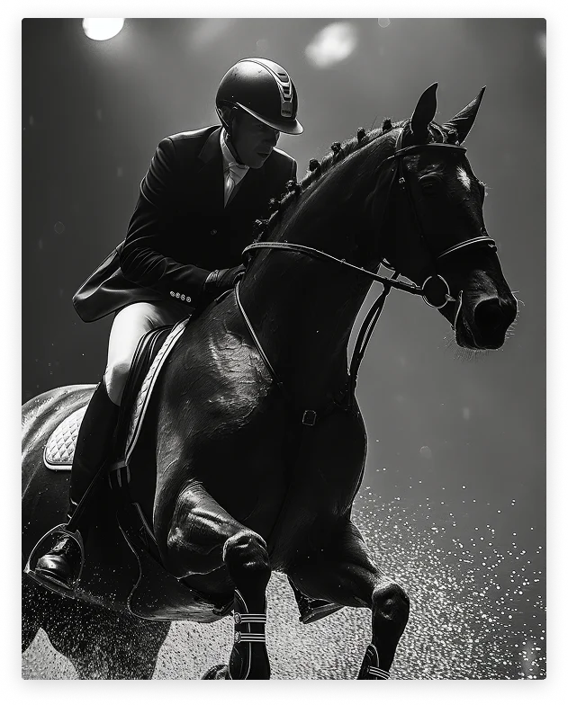 Cavalier en tenue d’équitation montant un cheval noir puissant en mouvement sous un éclairage dramatique