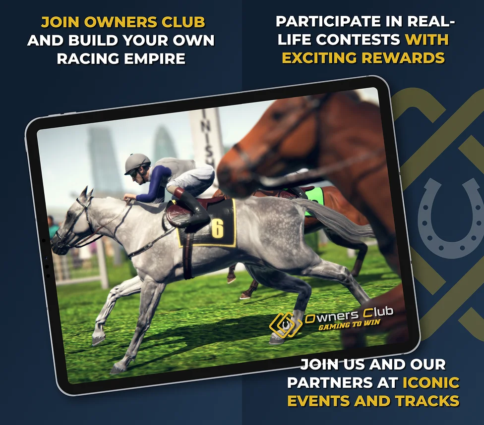 Image du jeu sur tablette montrant une course hippique avec jockeys et des concours avec récompenses
