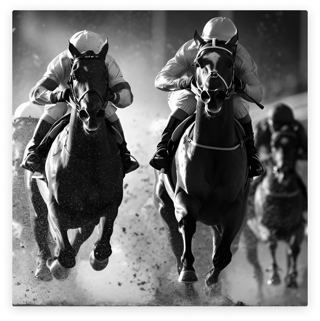 Deux chevaux de course lancés à pleine vitesse avec leurs jockeys en noir et blanc