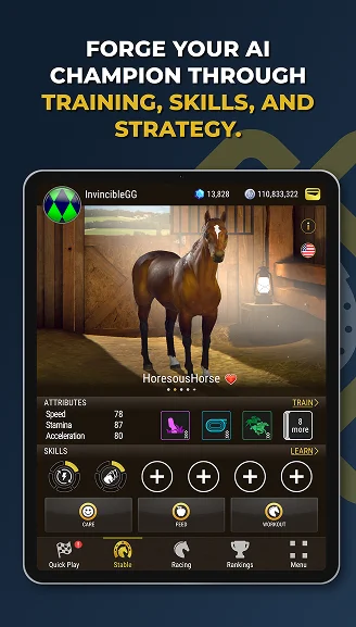 Écran du jeu sur tablette montrant l’entraînement, les compétences et les statistiques d’un cheval de course IA