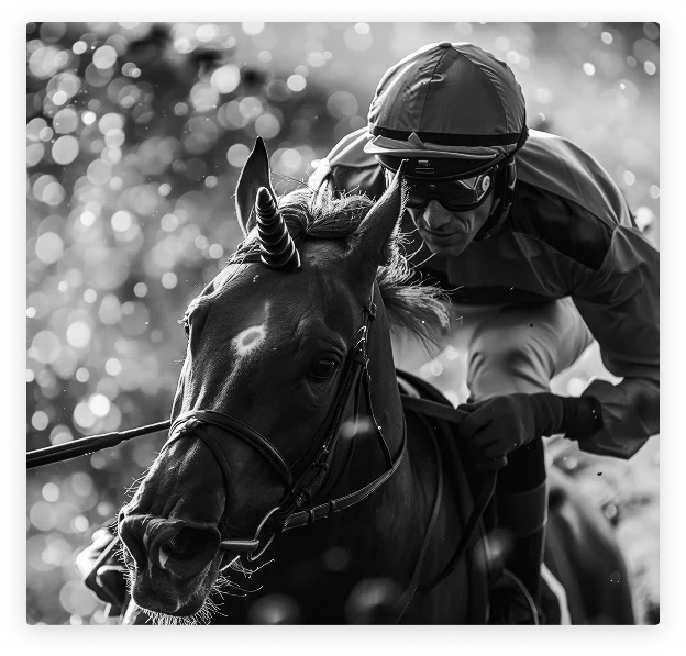 Jockey concentré montant une licorne en pleine course dans une scène en noir et blanc