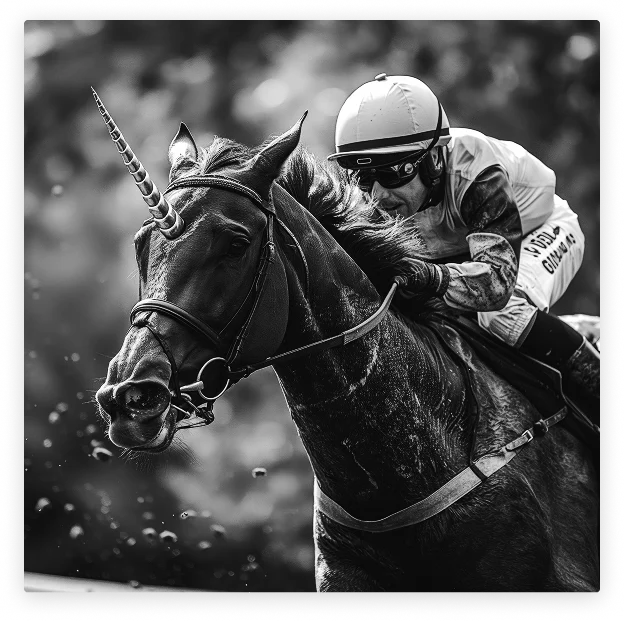 Cheval de course avec une corne de licorne et son jockey lancé à pleine vitesse en noir et blanc