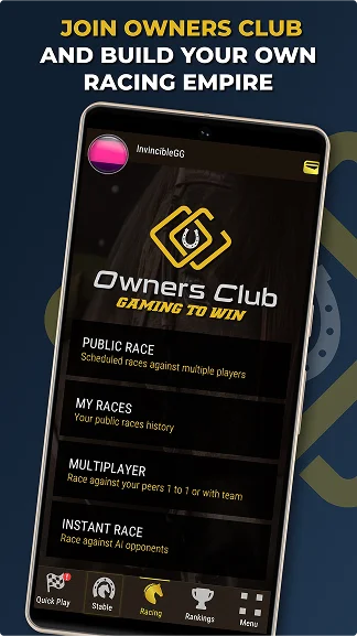 Écran mobile du jeu présentant le menu Owners Club avec plusieurs modes de course multijoueur