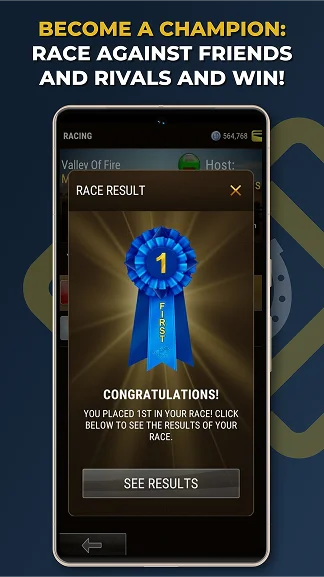 Écran mobile du jeu montrant un résultat de course avec une victoire en première place